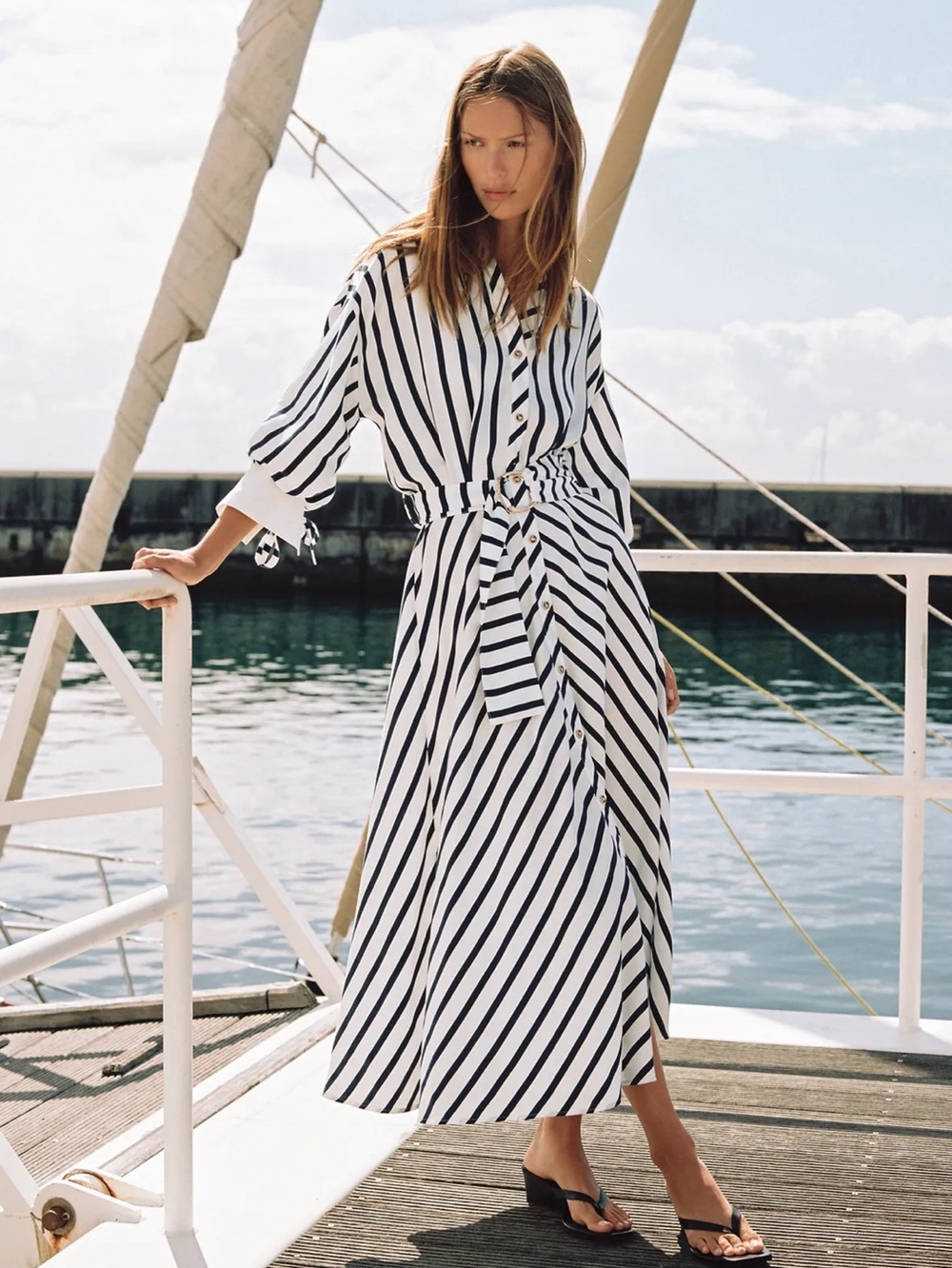Zara BELTED STRIPED MIDI DRESS